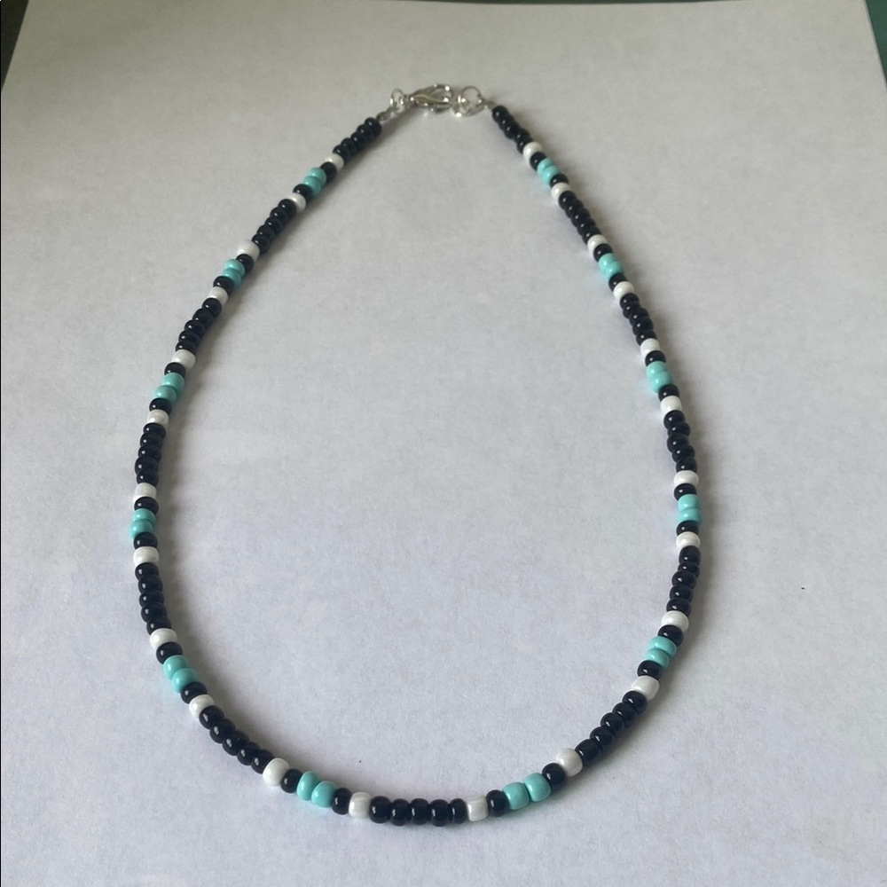 Handmade Beaded Necklace - Black, White, and Turquoise